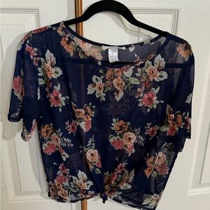 Urban Rebel Navy Floral Sheer Mesh Tie Front Top Medium